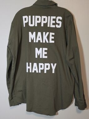 Olive Green Long Sleeve Tee with Bold White 'PUPPIES MAKE ME HAPPY' Print